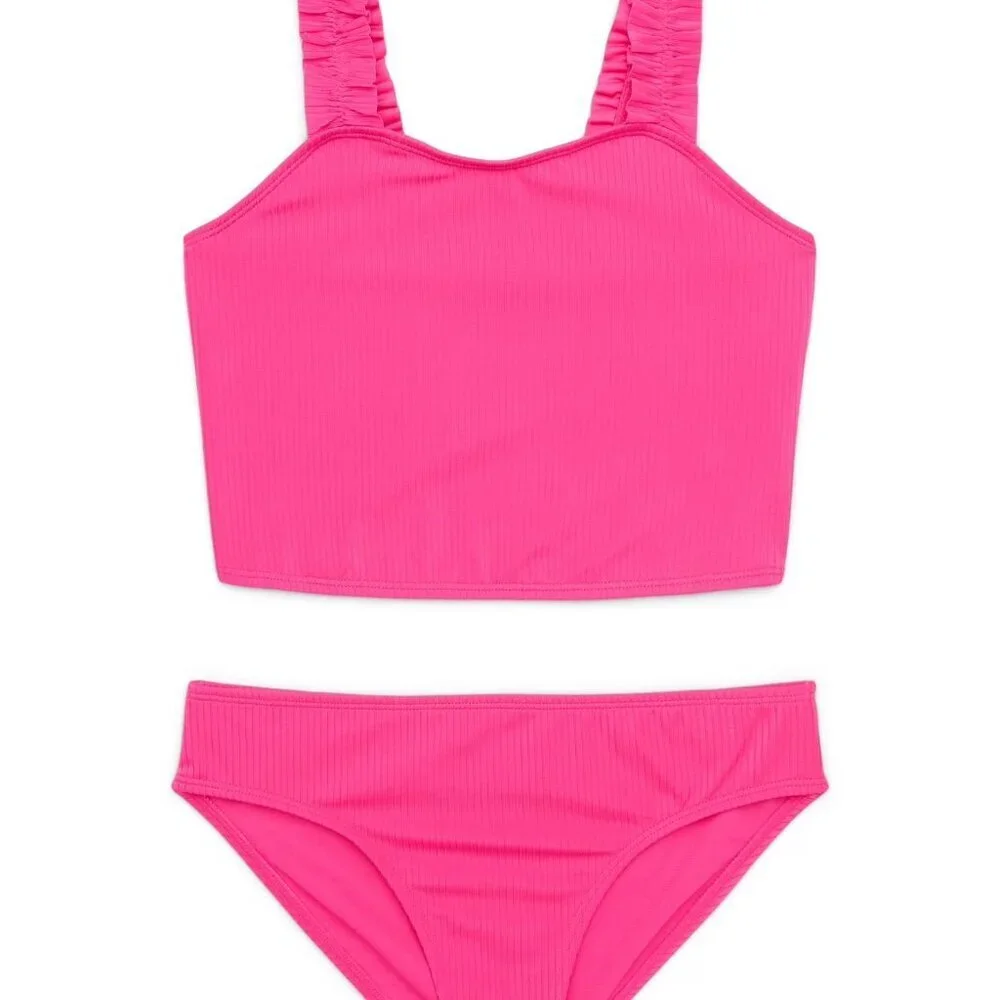 Wonder Nation Girls Ruffle Strap Tankini Swimsuit with UPF 50, 2-Piece M, L & XL
